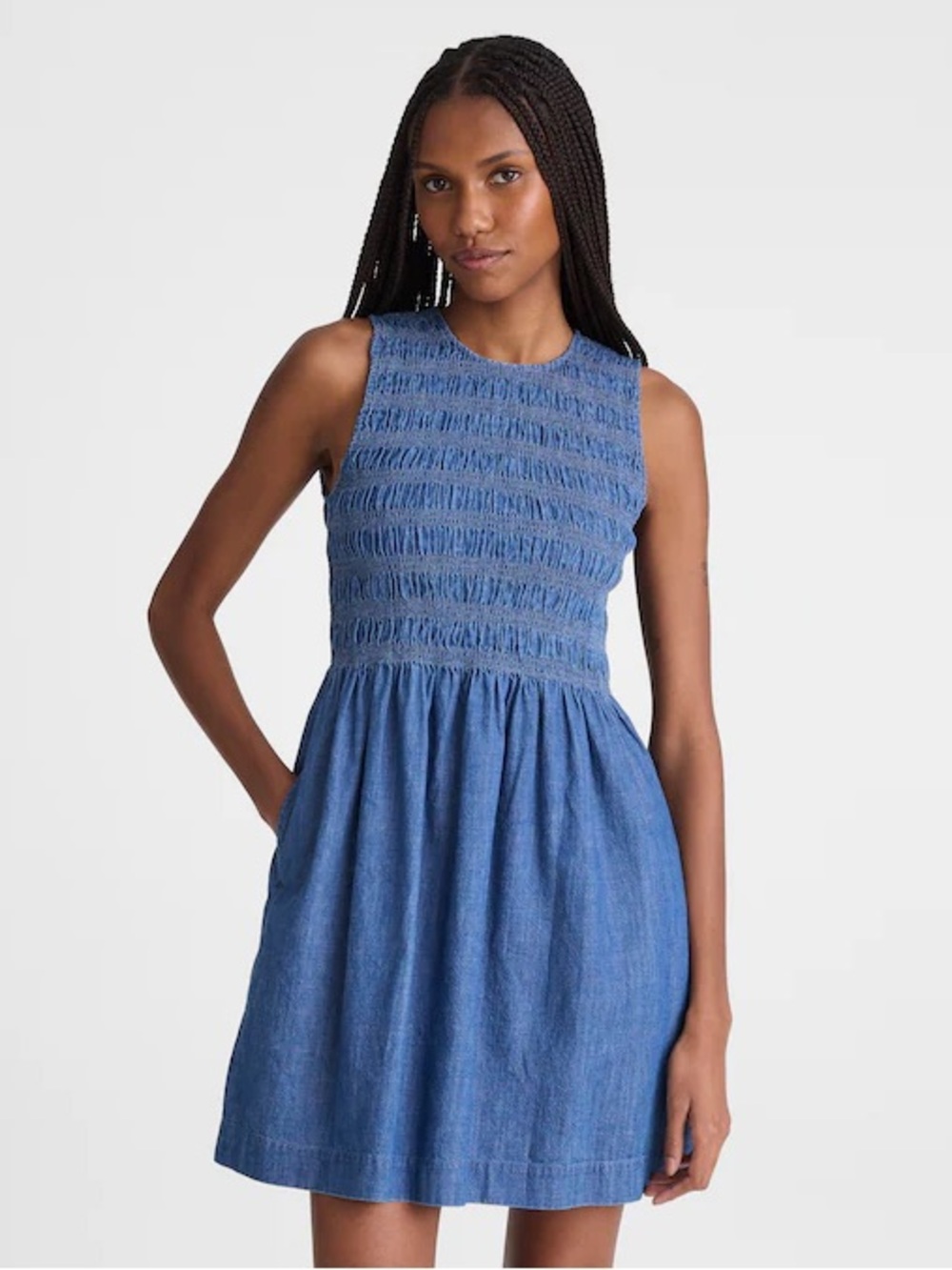 Madewell Chambray Smocked Sleeveless Mini Dress Blue XL